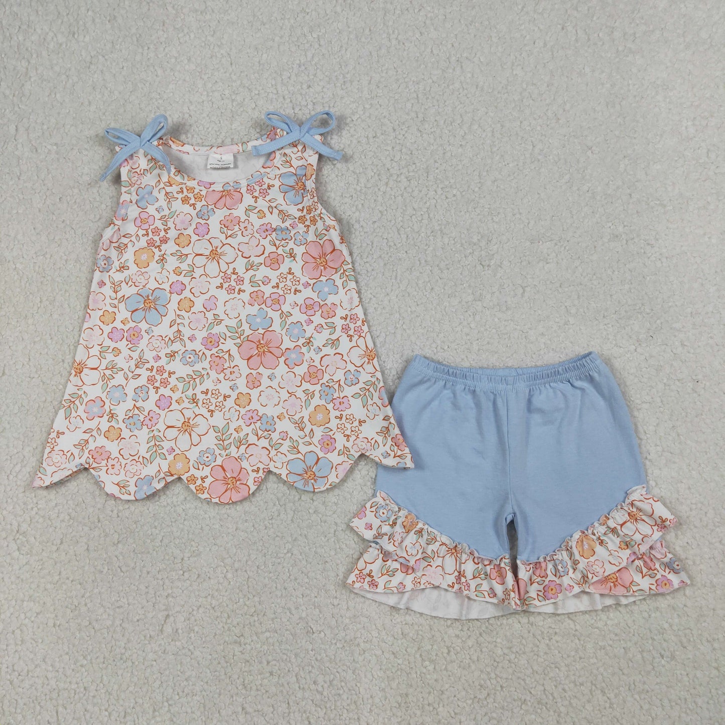 GSSO3393 Scallop Flowers Bows Sleeveless Blue Shorts Girls Set