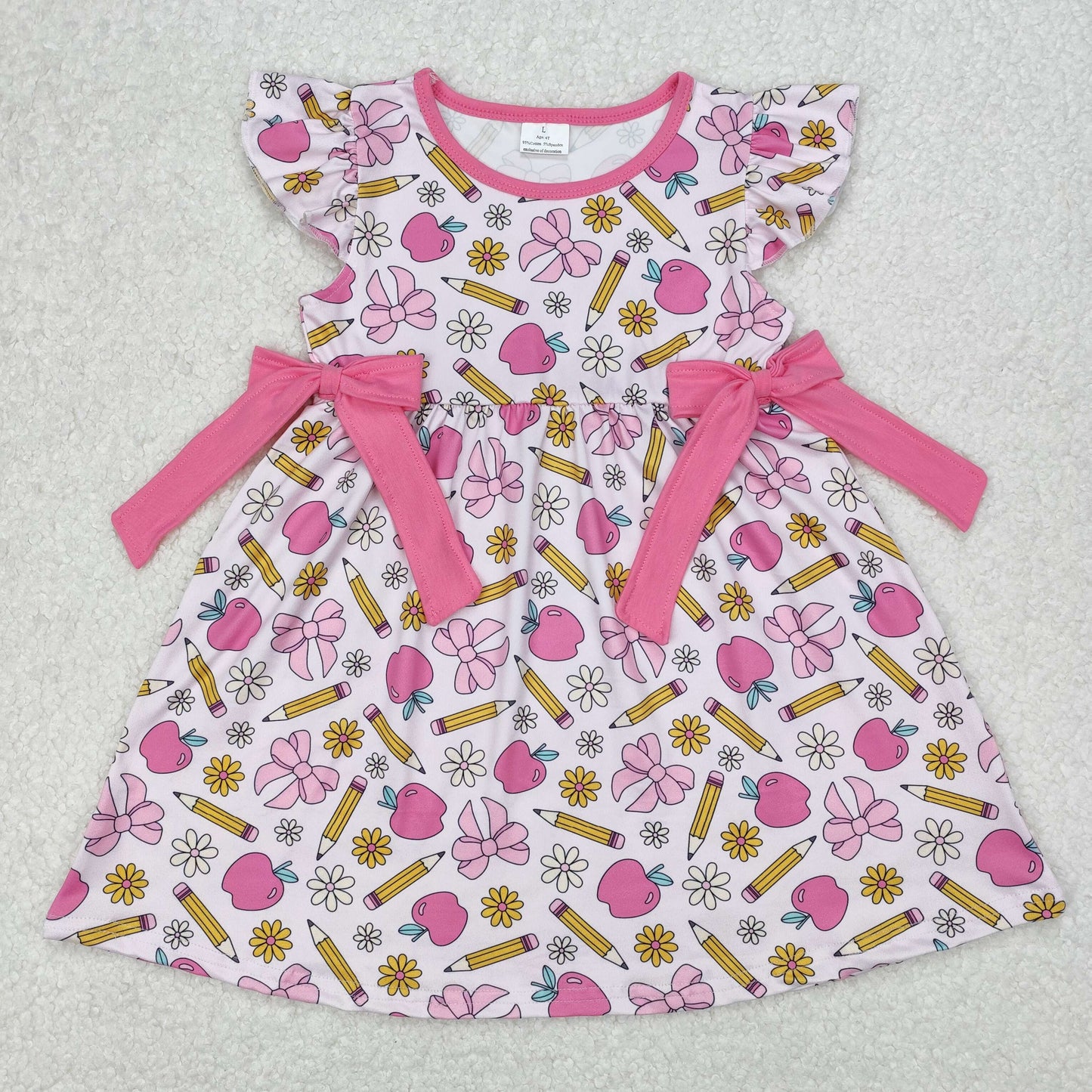 GSD1846 Back To School Pen Apple Bows Flutter Sleeve Girls Dress