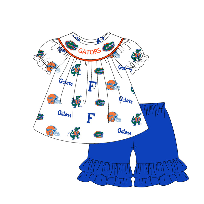 Cutom Moq 3 Football Team Gators Dot Short Sleeve Blue Shorts Girls Set