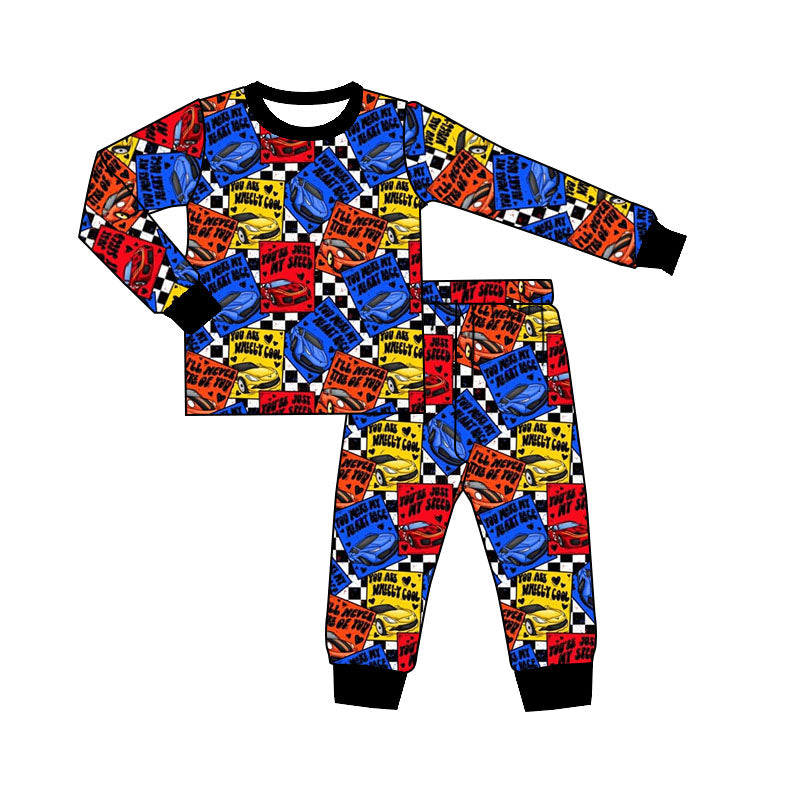 Custom Baby Boy Colorful Cartoon Car Long Sleeve Pants Boys Pajamas Kids Cute Clothes