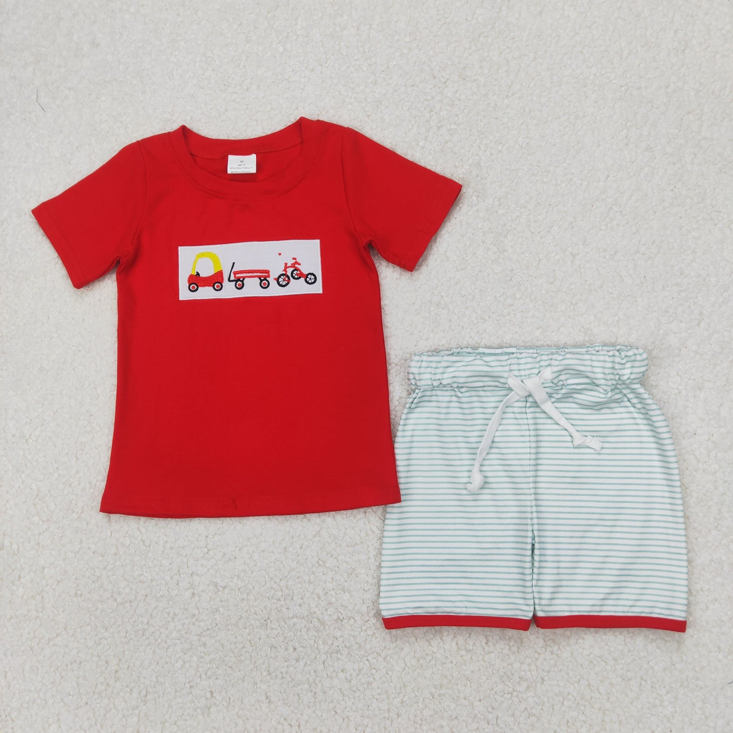 embroidery BSSO1432 golf car toy car red short sleeve striped shorts boys set