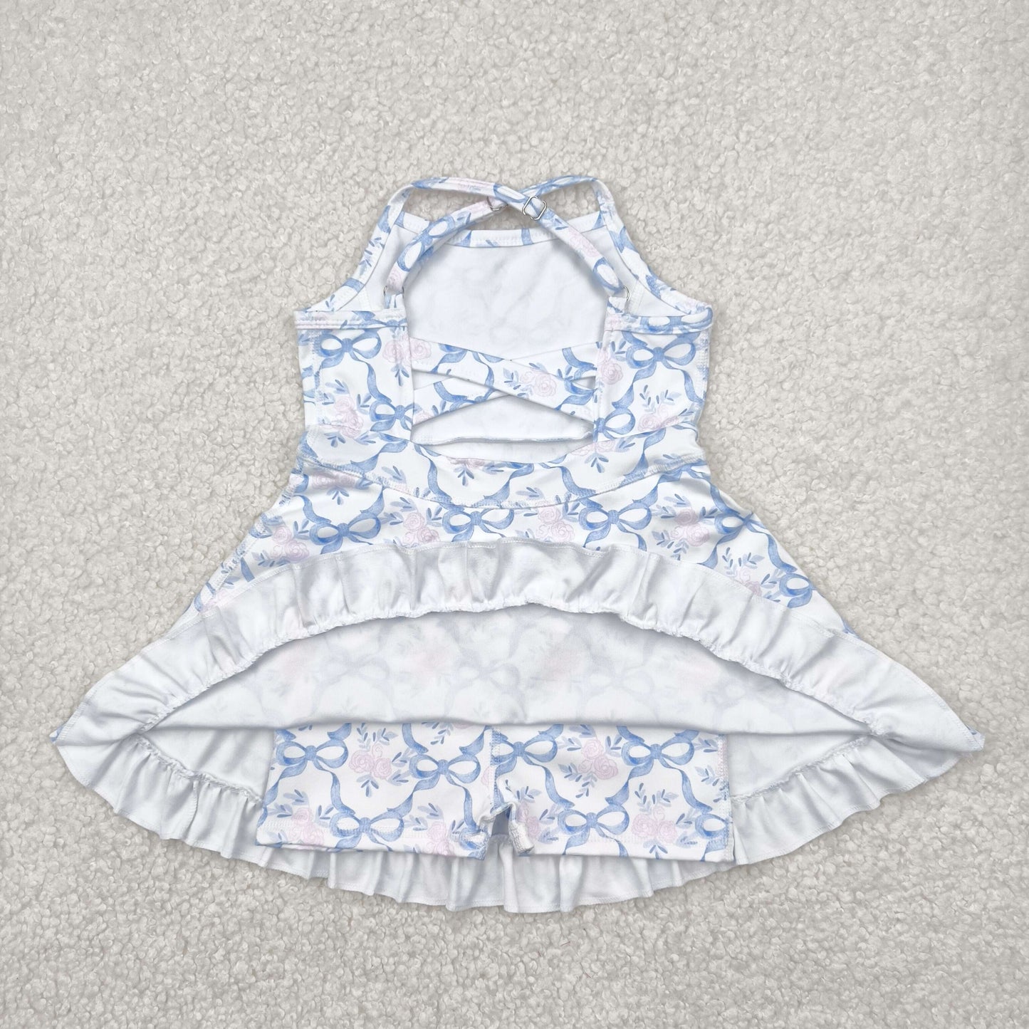 GSD2580 yoga pink flowers blue bows girls dress with shorts