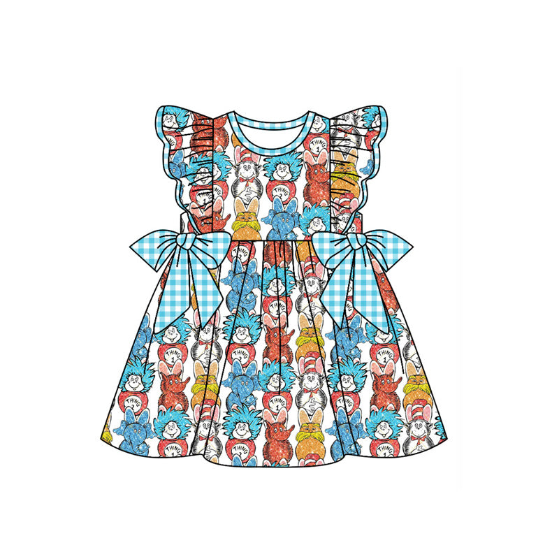 custom moq 3 Cartoon Dr Animals Blue Bows Flutter Sleeve Girls Dress