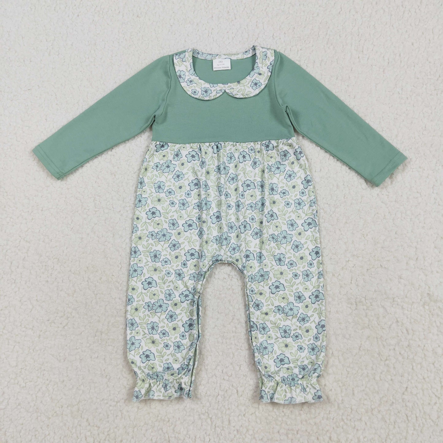 LR2258 blue flowers floral green long sleeve girls romper
