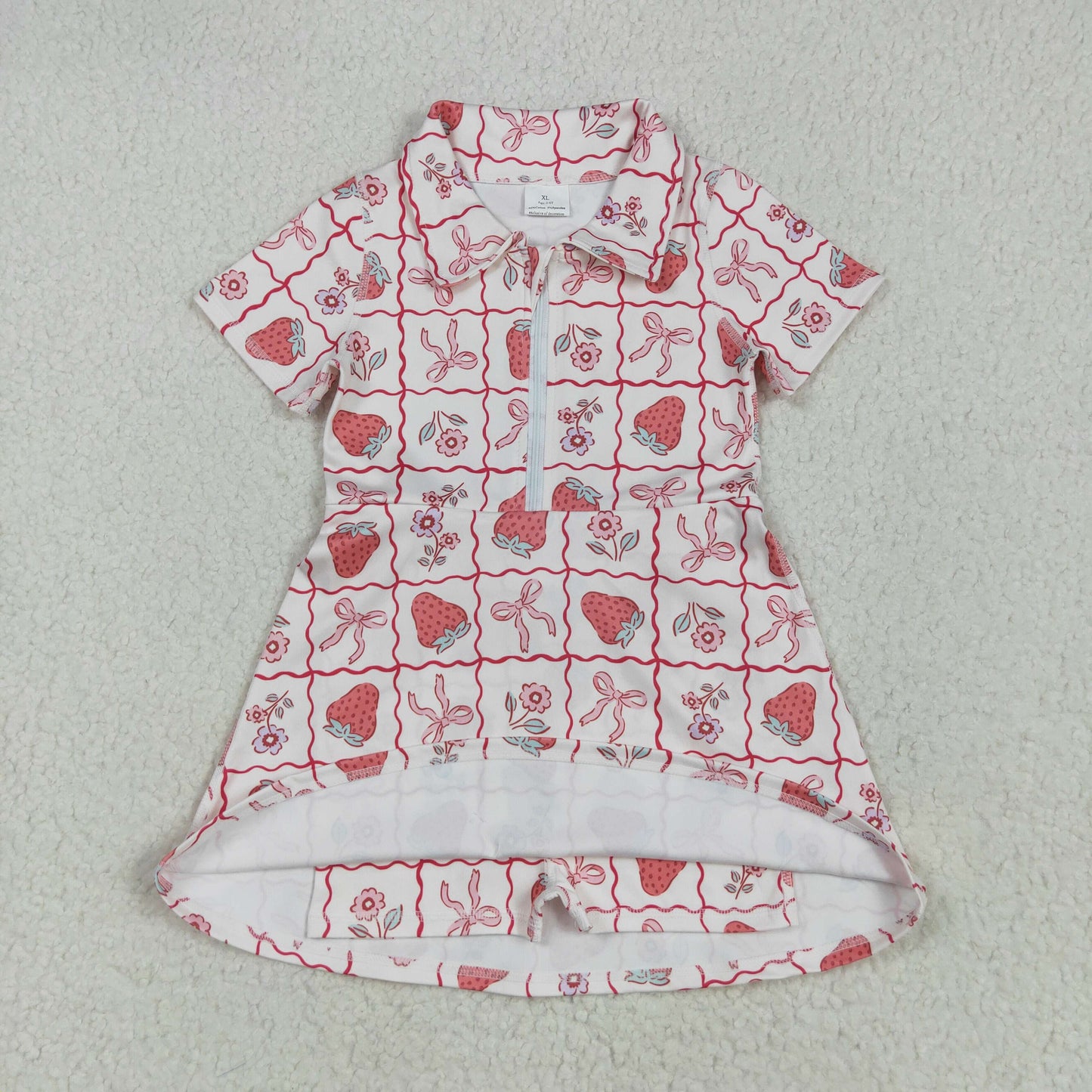 GSD2407 yoga strawberry pink bows short sleeve skirt with shorts girls set