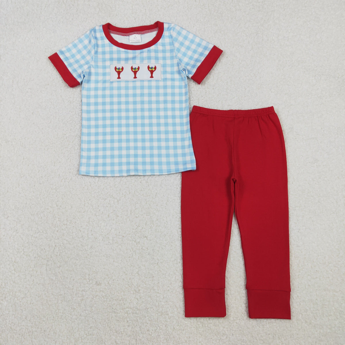 Embroidery BSPO0602 Mardi Gras crayfish blue checkered short sleeve red pants boys set