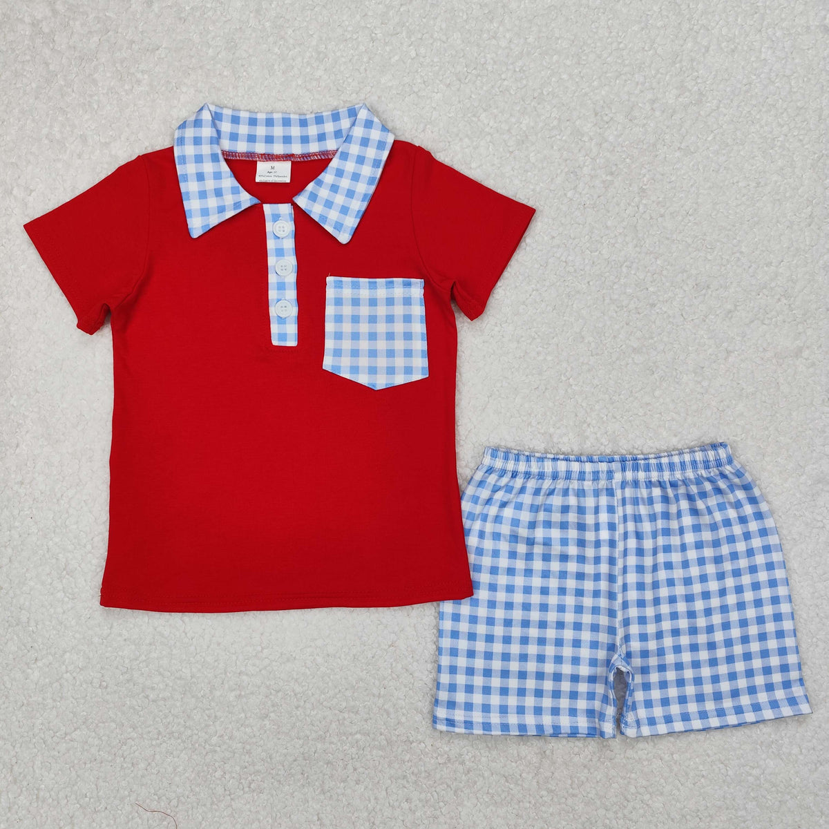BSSO1152 July 4th red pocket short sleeve blue checkered shorts boys set