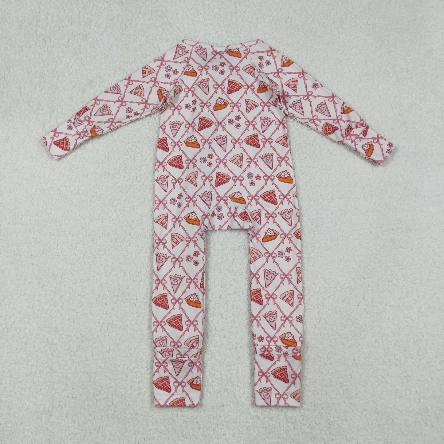 LR2594 thanksgiving pie bows long sleeve zipper girls romper