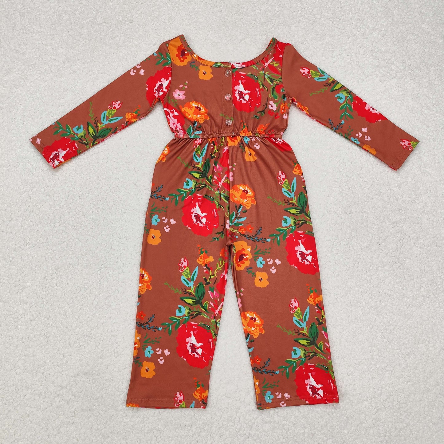 LR1834 red orange flowers brown long sleeve girls jumpsuits