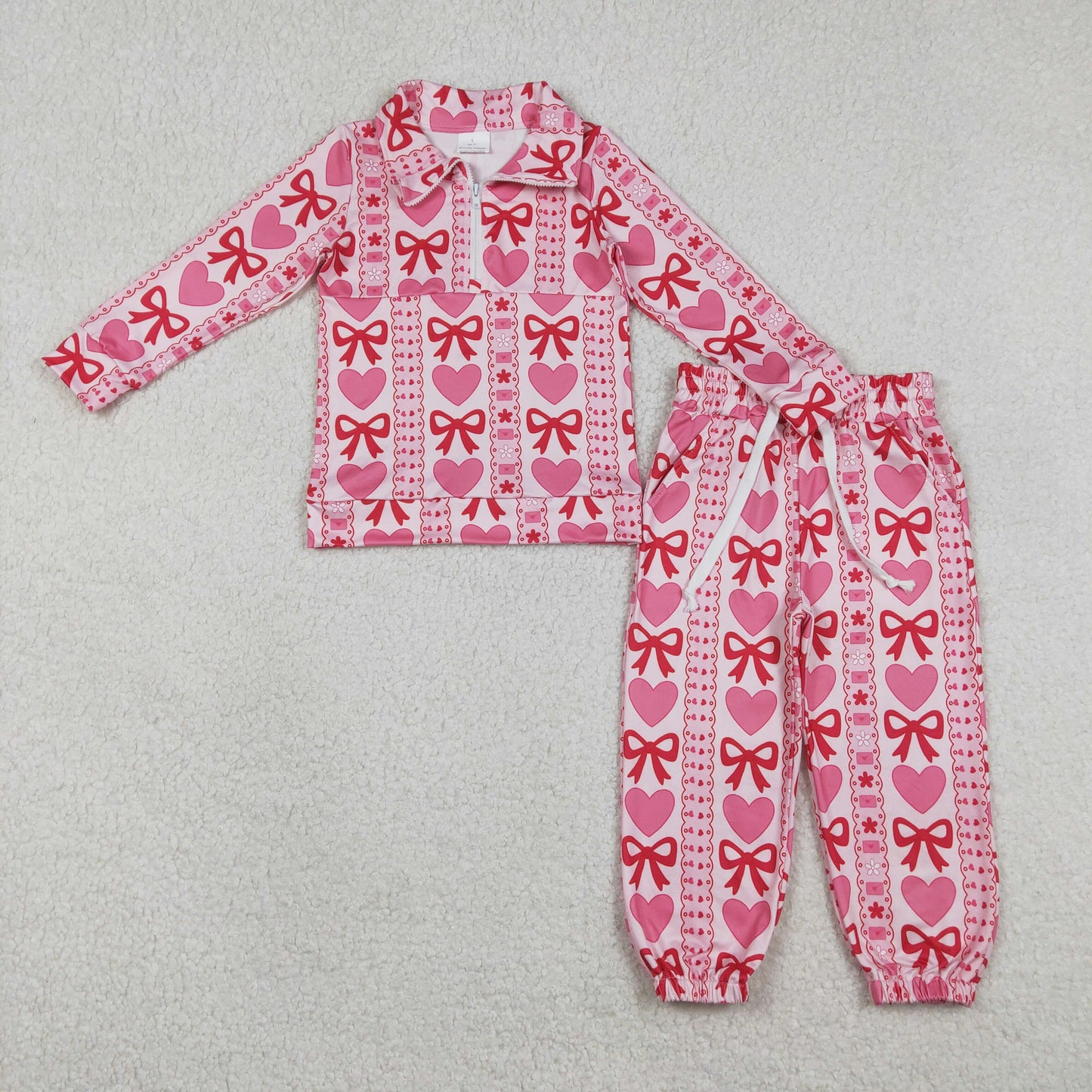 GLP3236 Valentine's Day Heart Bows Pink Long Sleeve Pants Girls Set