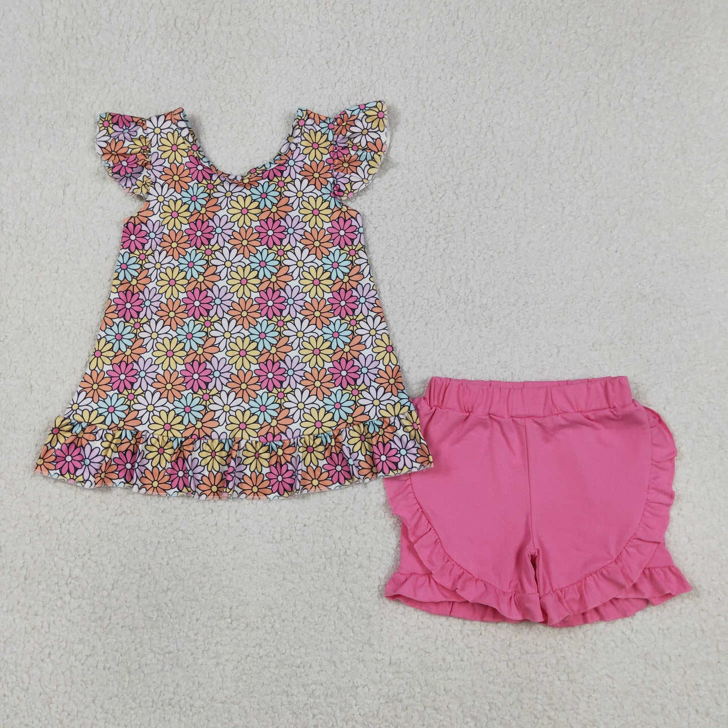 GSSO3353 Colorful Flowers Flutter Sleeve With Bow Pink Shorts Girls Set