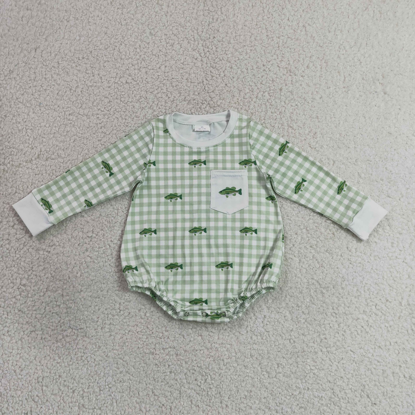 LR3001 Fishing Green Checkered Long Sleeve Boys Romper