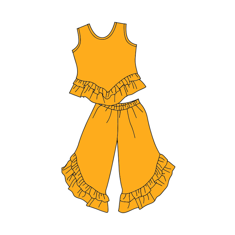 custom trendy yellow sleeveless pants girls ruffles set