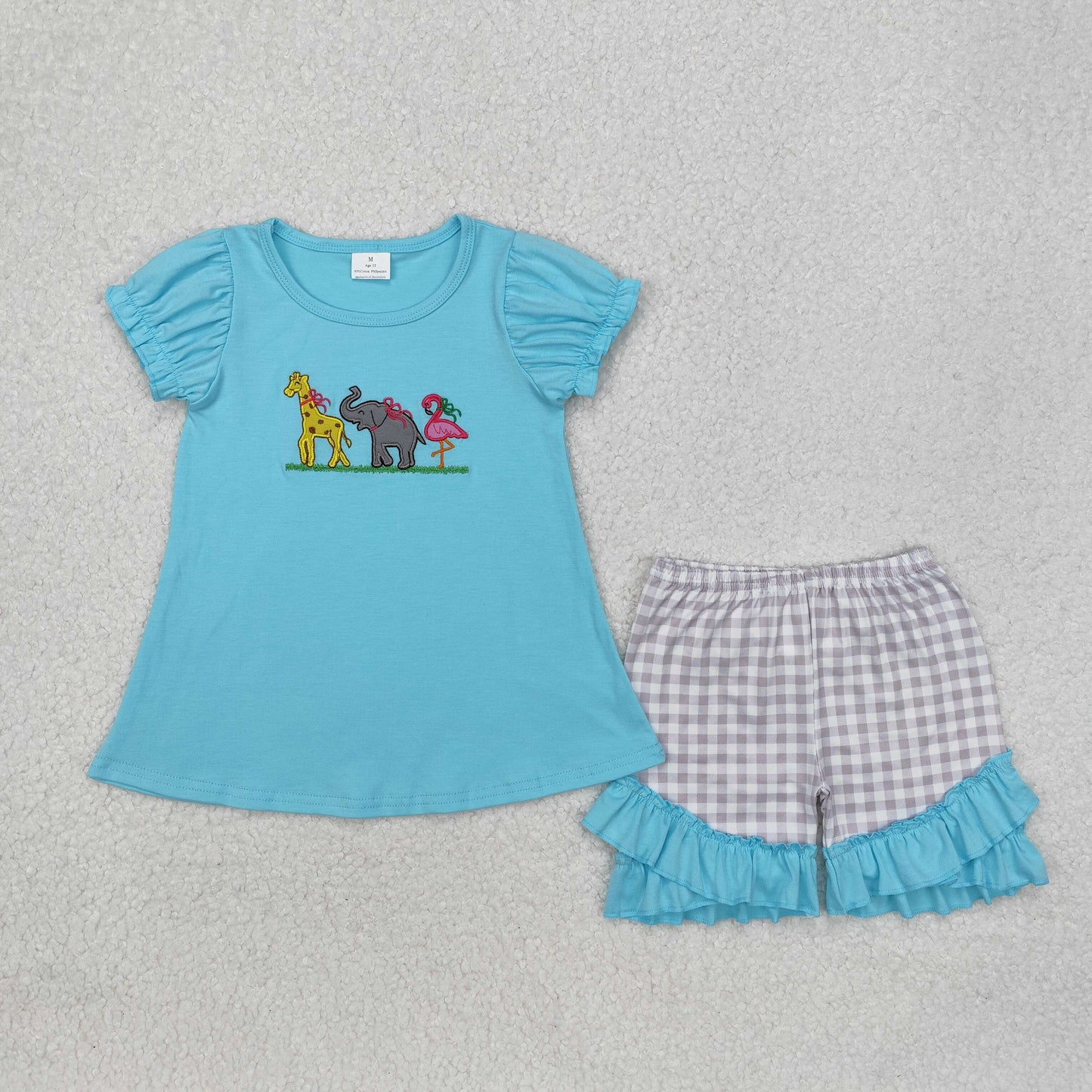 embroidery GSSO1520 aqua elephant flamingo giraffe short sleeve checkered shorts girls set