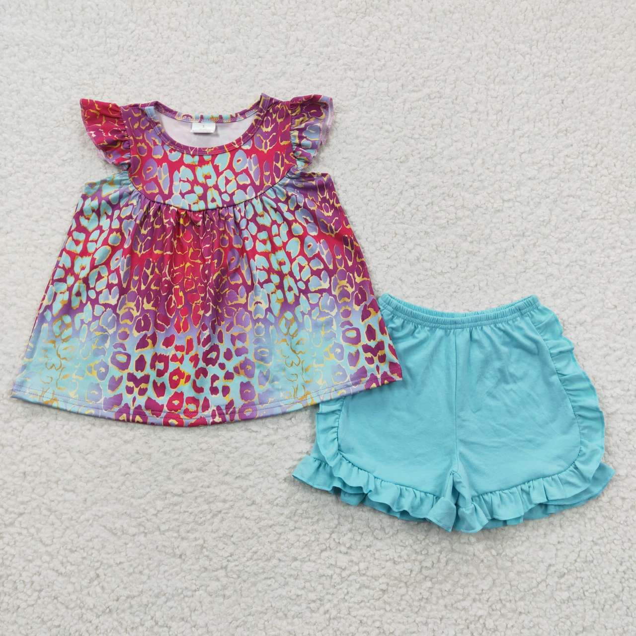 GSSO0310 Flutter Sleeve Tie Dye Purple & Blue Leopard Print Baby Girls Set
