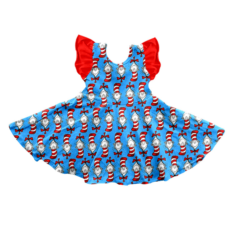 preorder GSD0612 Dr cartoon blue red flutter sleeve girls dress