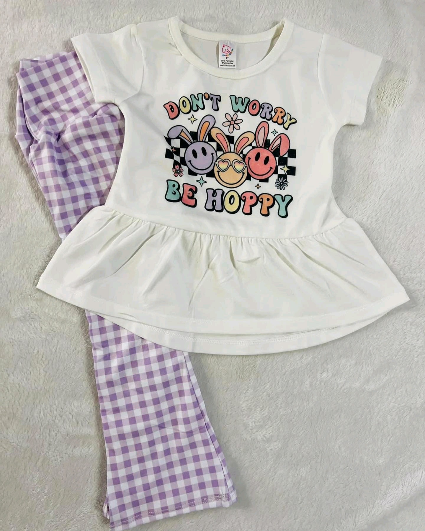 preorder GSPO1742 Easter dont worry be hoppy bunny rabbit short sleeve purple checkered pants girls set