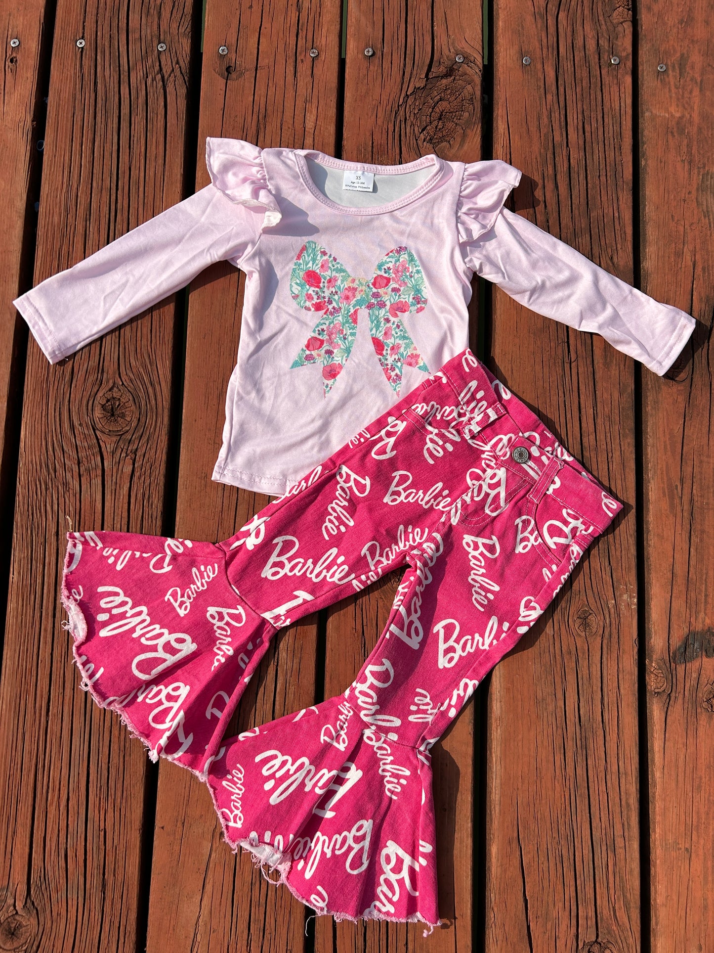 Colorful Bow Pink Long Sleeve Hot Pink BA Bell Bottom Jeans Girls Set