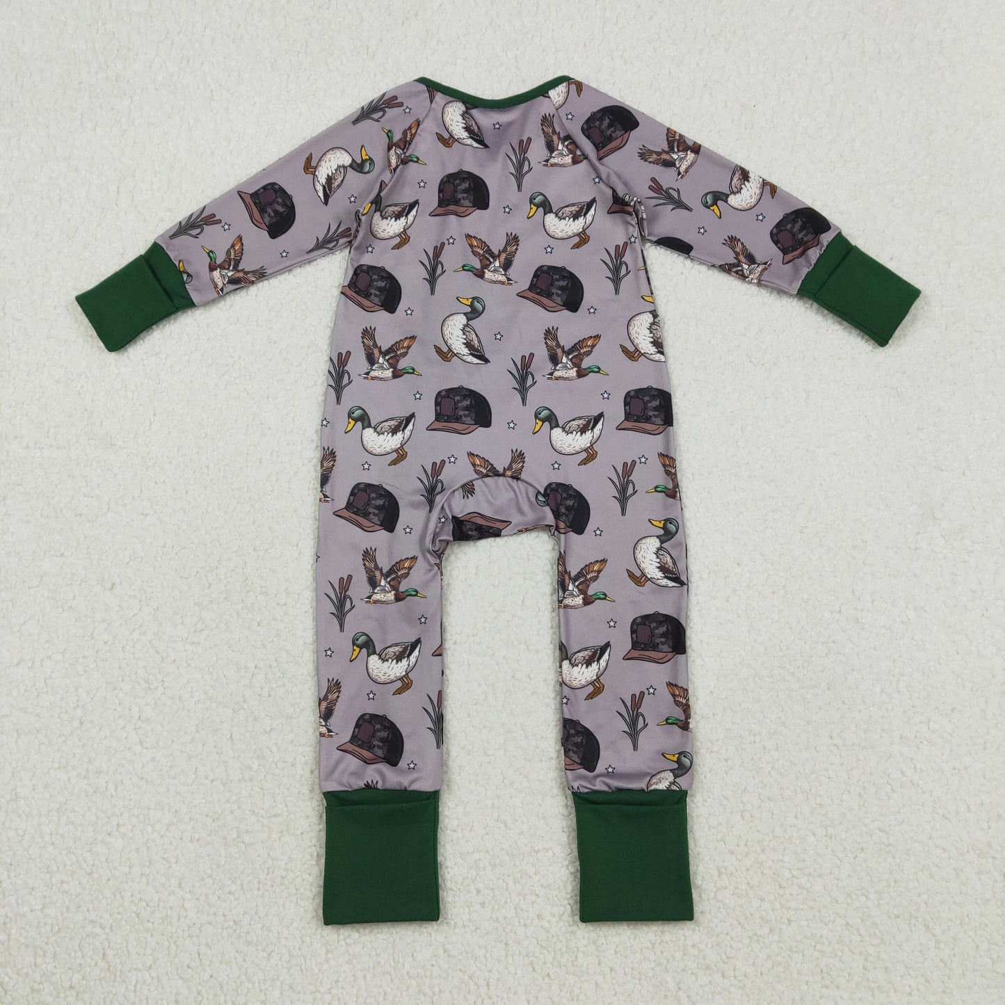 LR2886 Hunting Mallard Duck Hat Green Zipper Long Sleeve Boys Romper
