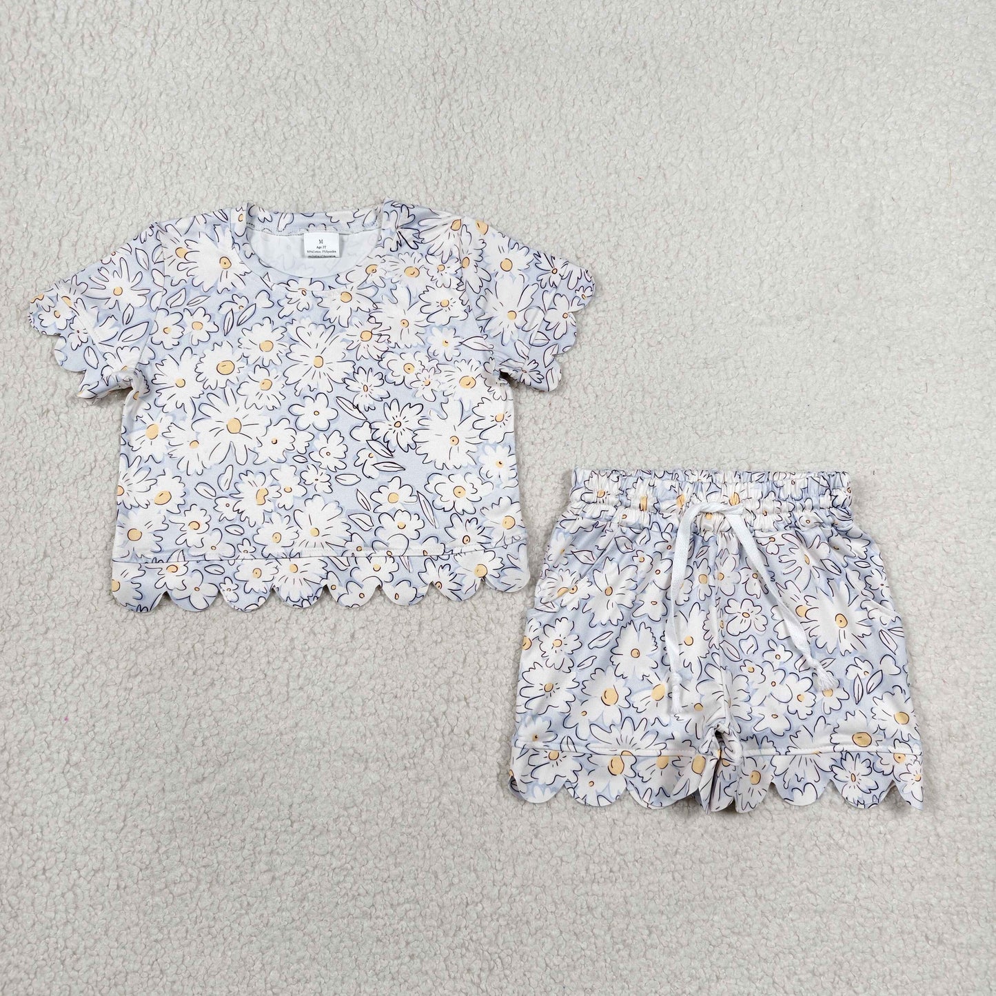 GSSO3275 Flowers Scallop Blue Short Sleeve Shorts Girls Set