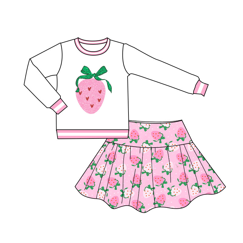 custom cute strawberry long sleeve skirt with shorts girls set