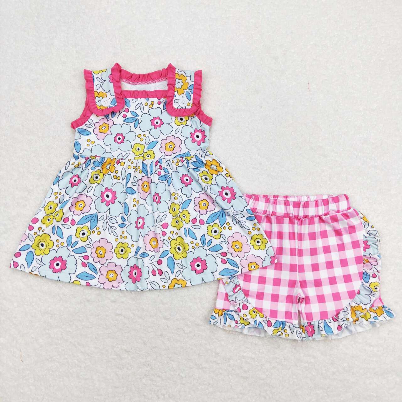 GSSO0711 Colorful flowers sleeveless hot pink checkered shorts girls set