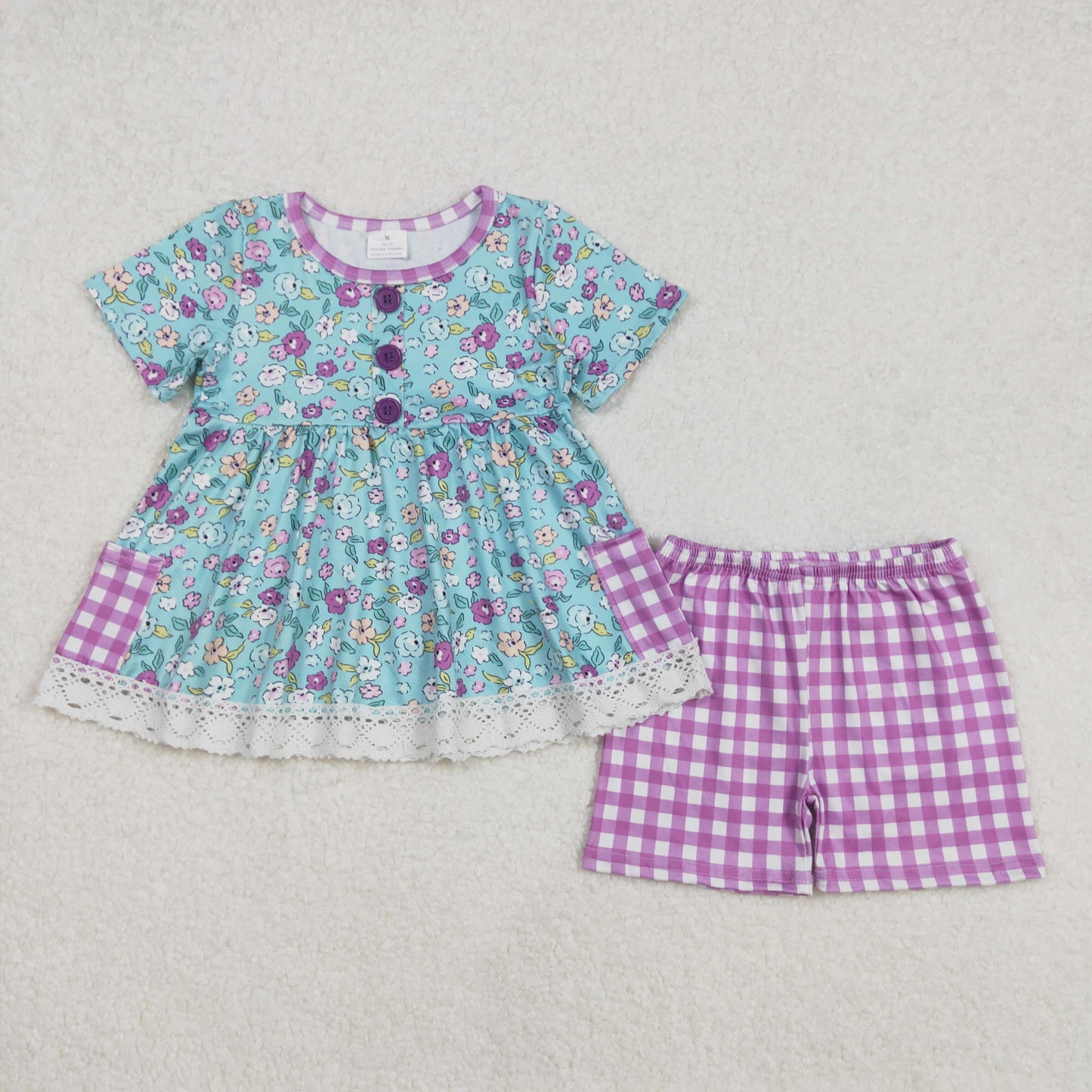 GSSO2011 colorful flowers floral blue short sleeve purple checkered shorts girls set