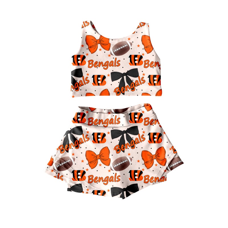 custom moq 3 bengals bows football orange sleeveless skirt skorts girls set