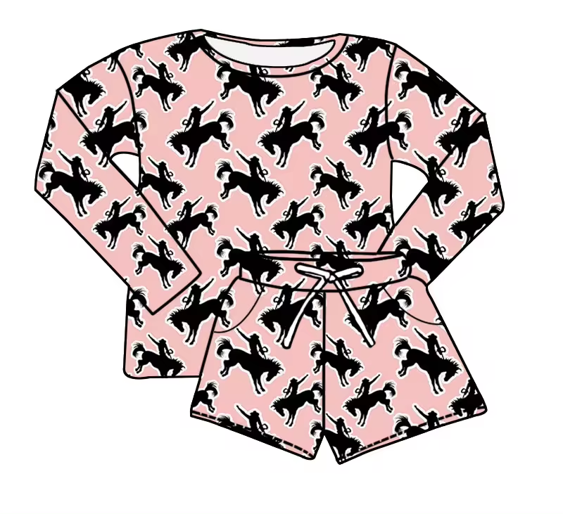 custom style Western rodeo pink long sleeve shorts kids set