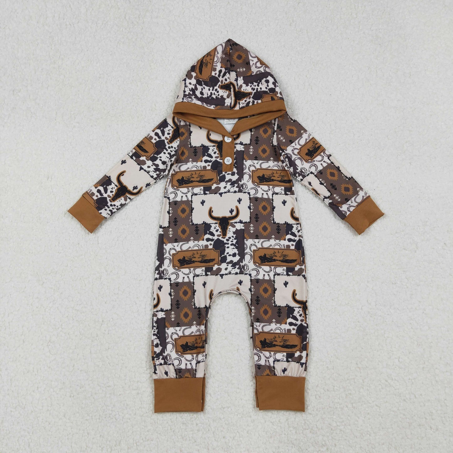 LR2592 Western cow aztec hoodie long sleeve boys romper