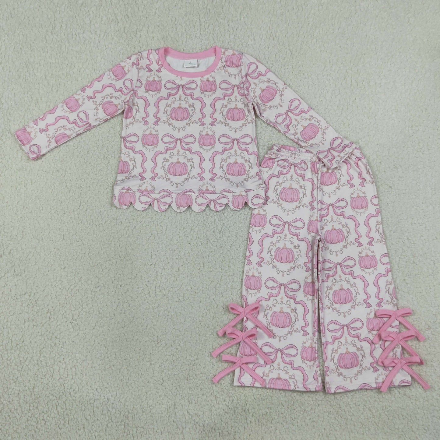 GLP3437 Pumpkin Bows Pink Long Sleeve Pants Girls Set