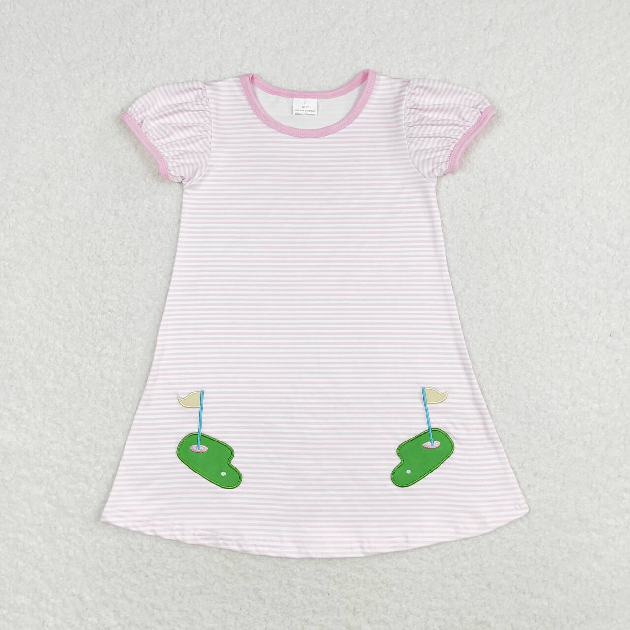 GSD0829 embroidery Play Golf Pink Striped Short Sleeve Girls Dress