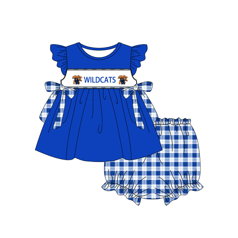 Custom Moq 3 Football Team Wild Cats Blue Flutter Sleeve Bows Girls Bummies Set
