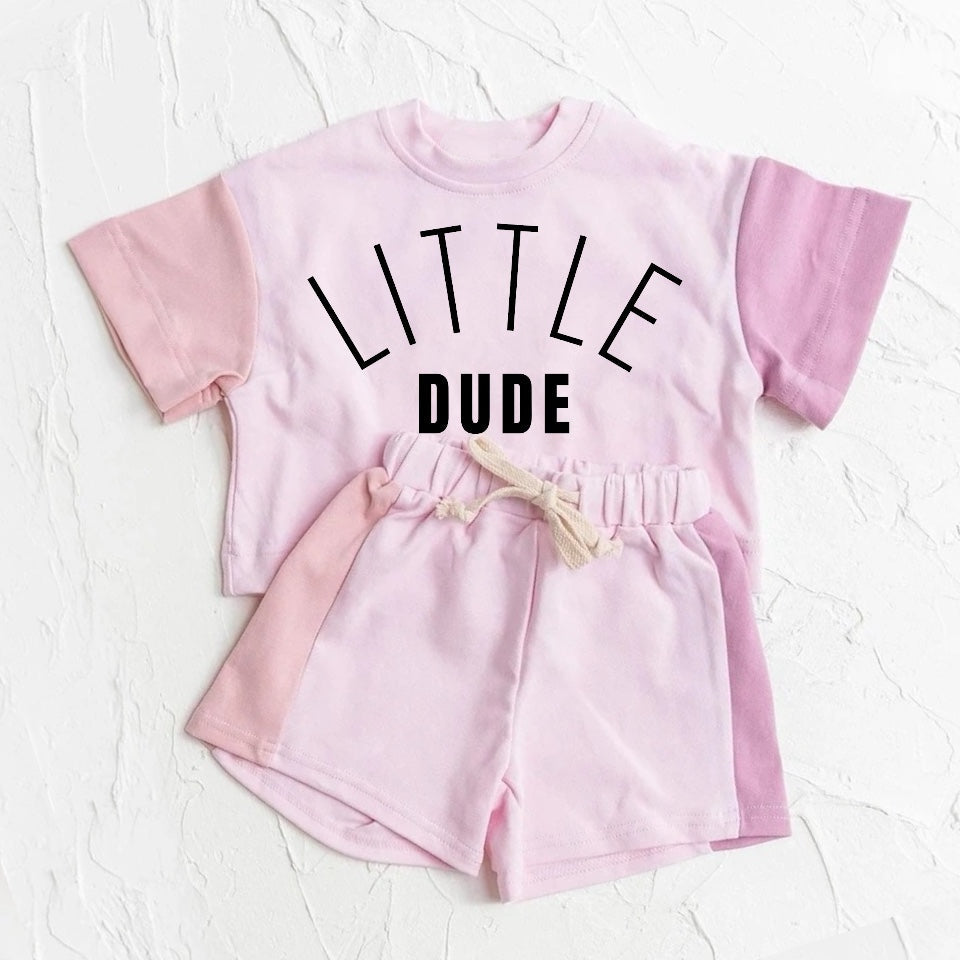 custom moq 3 little dude pink stitch short sleeve shorts kids set