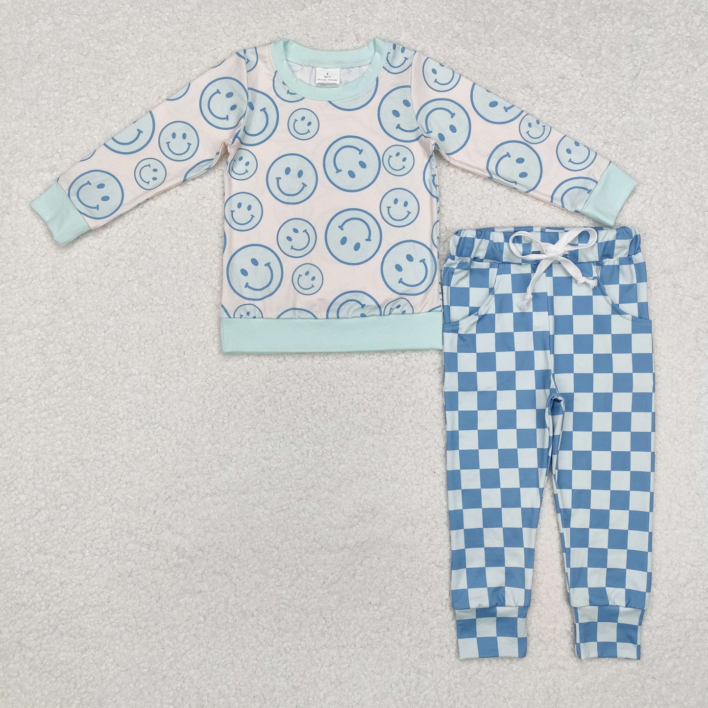 BLP0798 smile long sleeve blue checkered pants boys set