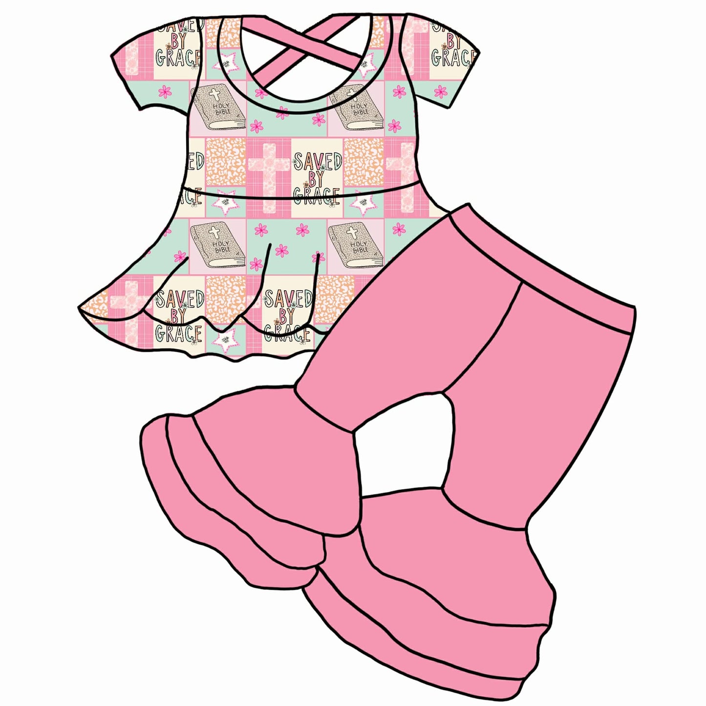 Custom Saved By Crace Cross Short Sleeve Pink Pants Girls Set