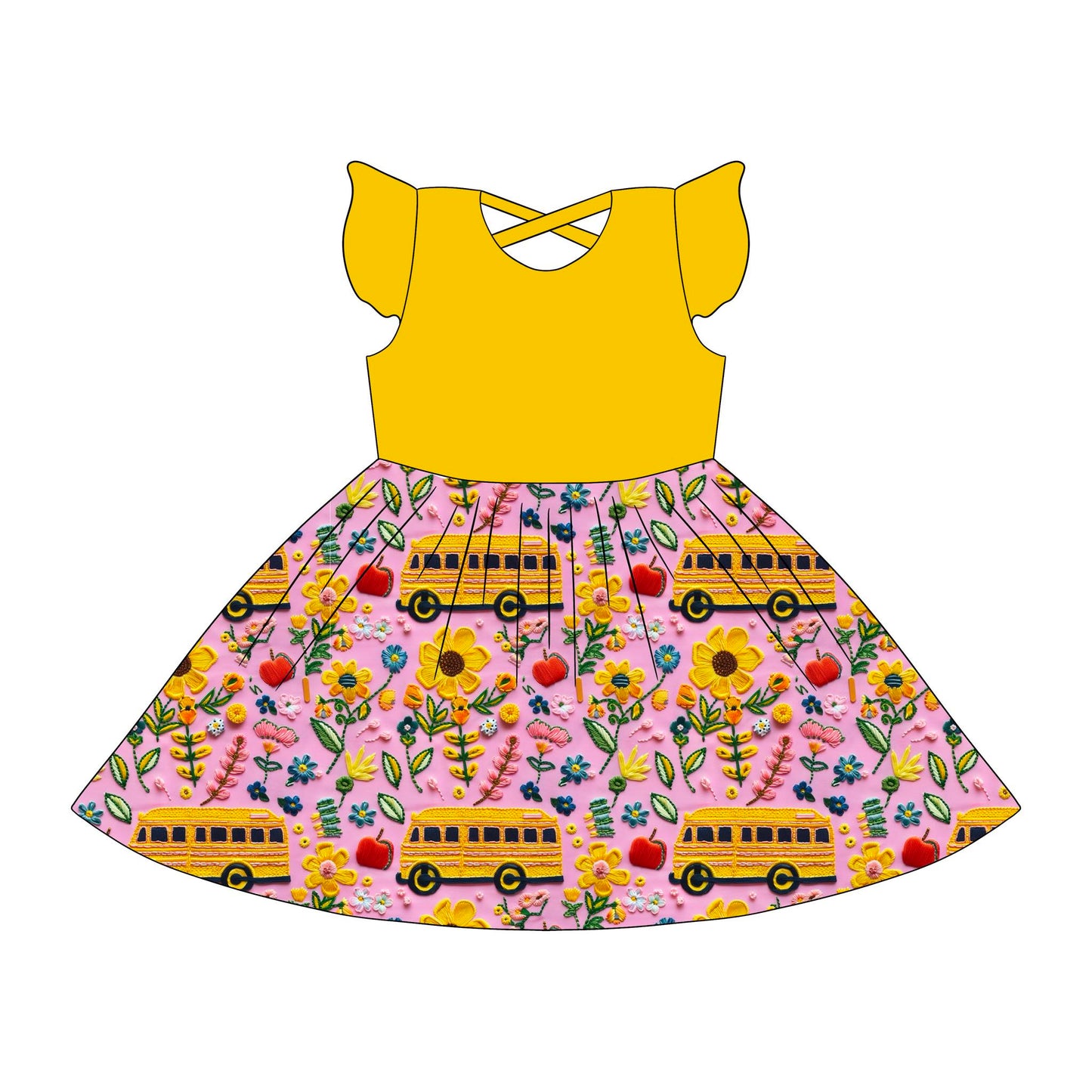 custom back to school bus flowers flutter sleeve girls dress