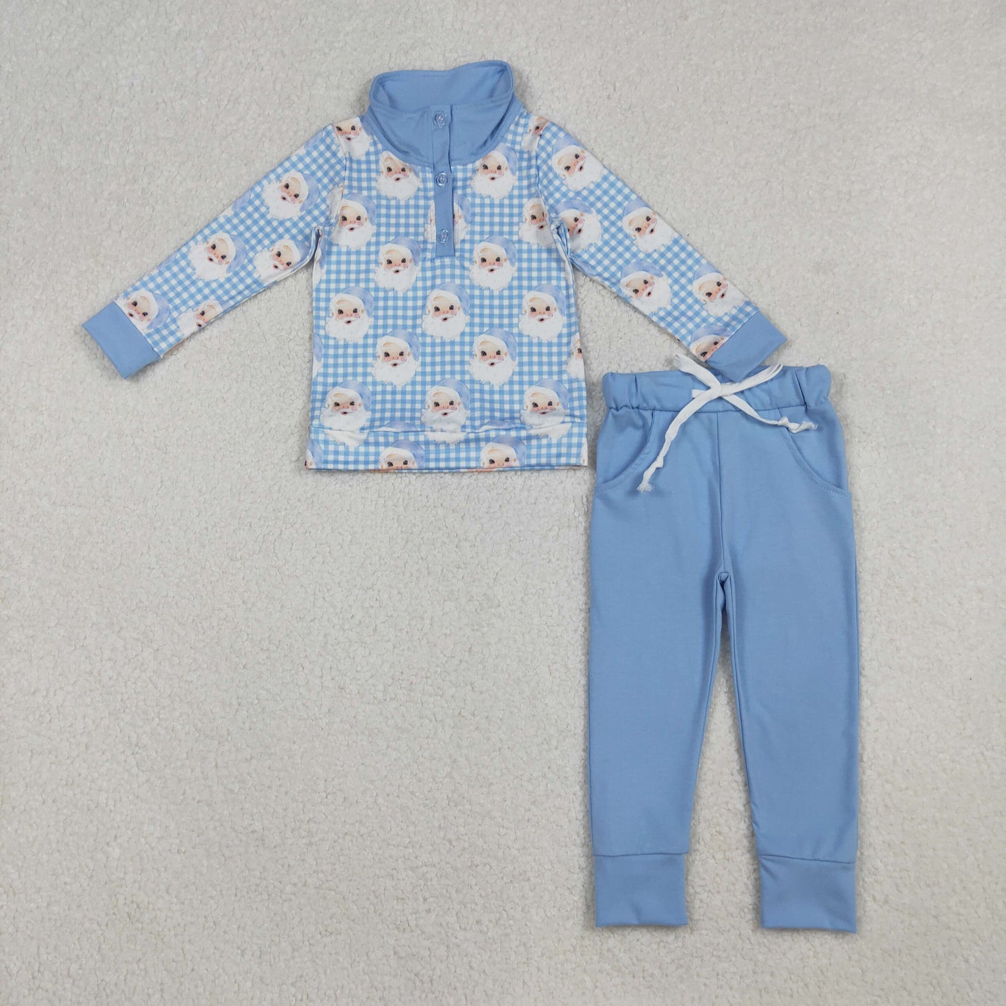 BLP1295 Christmas Santa blue checkered long sleeve blue pants boys set