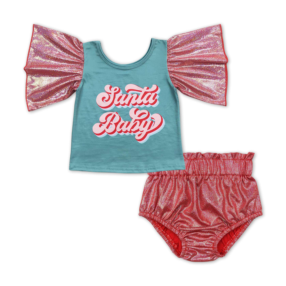 GBO0181 Christmas Santa Baby pink silver metallic short sleeve shimmer silk bummies set