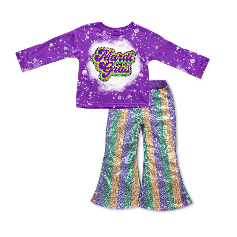 GLP0843 Mardi Gras purple long sleeve top colorful sequin pants girls set
