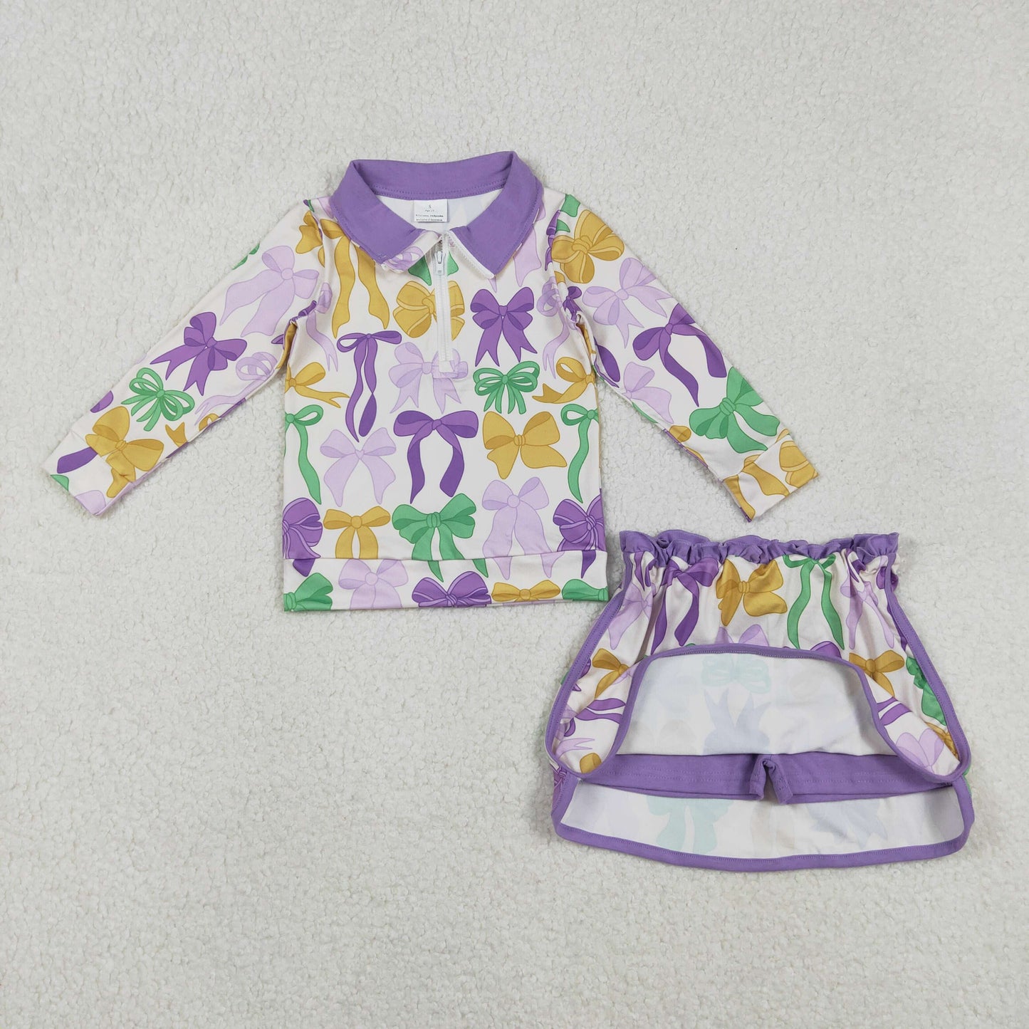 GLD1333 Mardi Gras yellow purple green bows zipper long sleeve skorts girls set