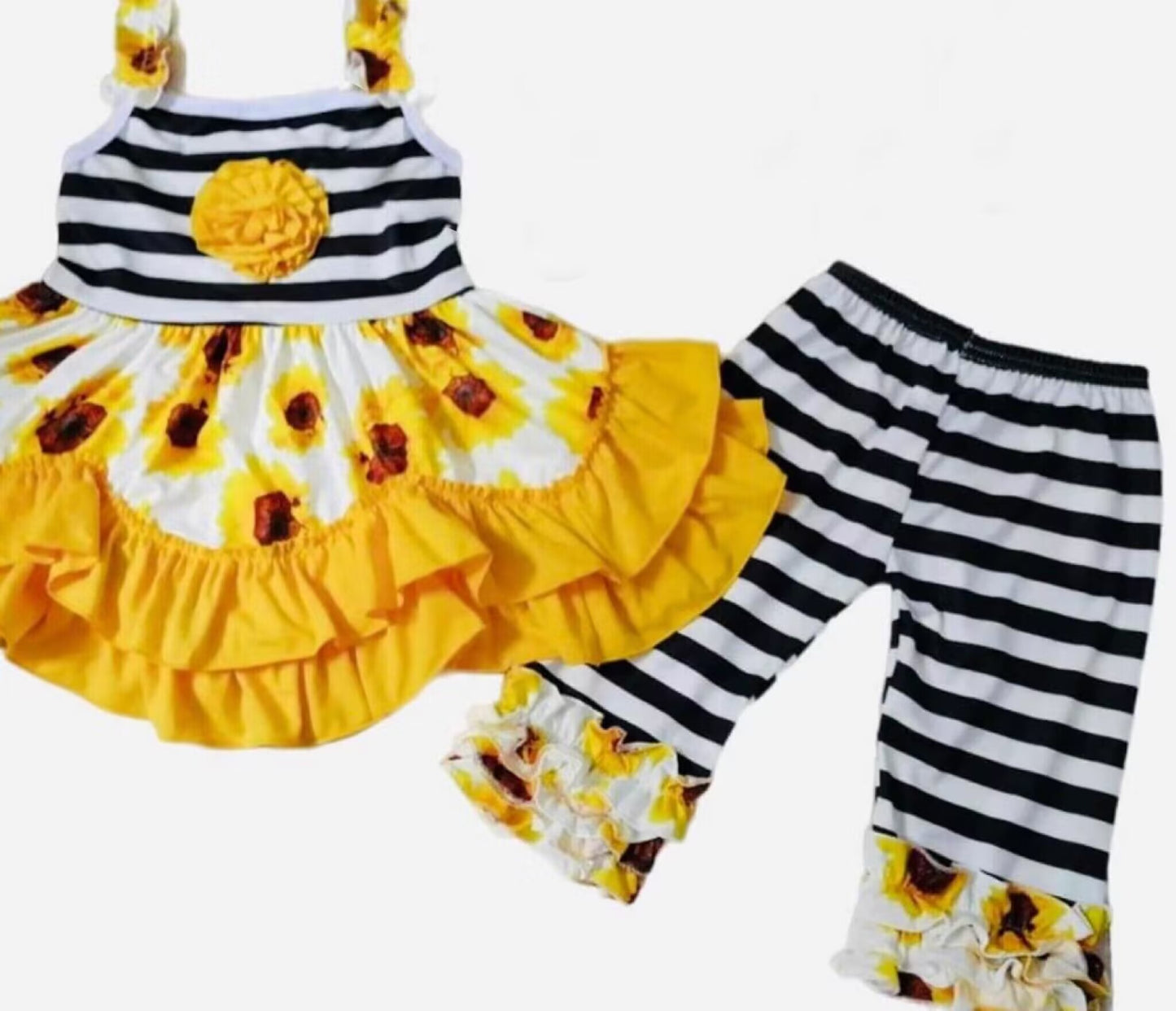 Custom Sunflowers sleeveless black striped pants girls set