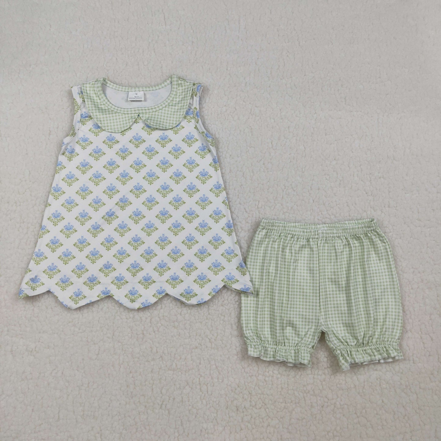 GSSO2850 Blue Flowers Sleeveless Green Checkered Shorts Girls Set