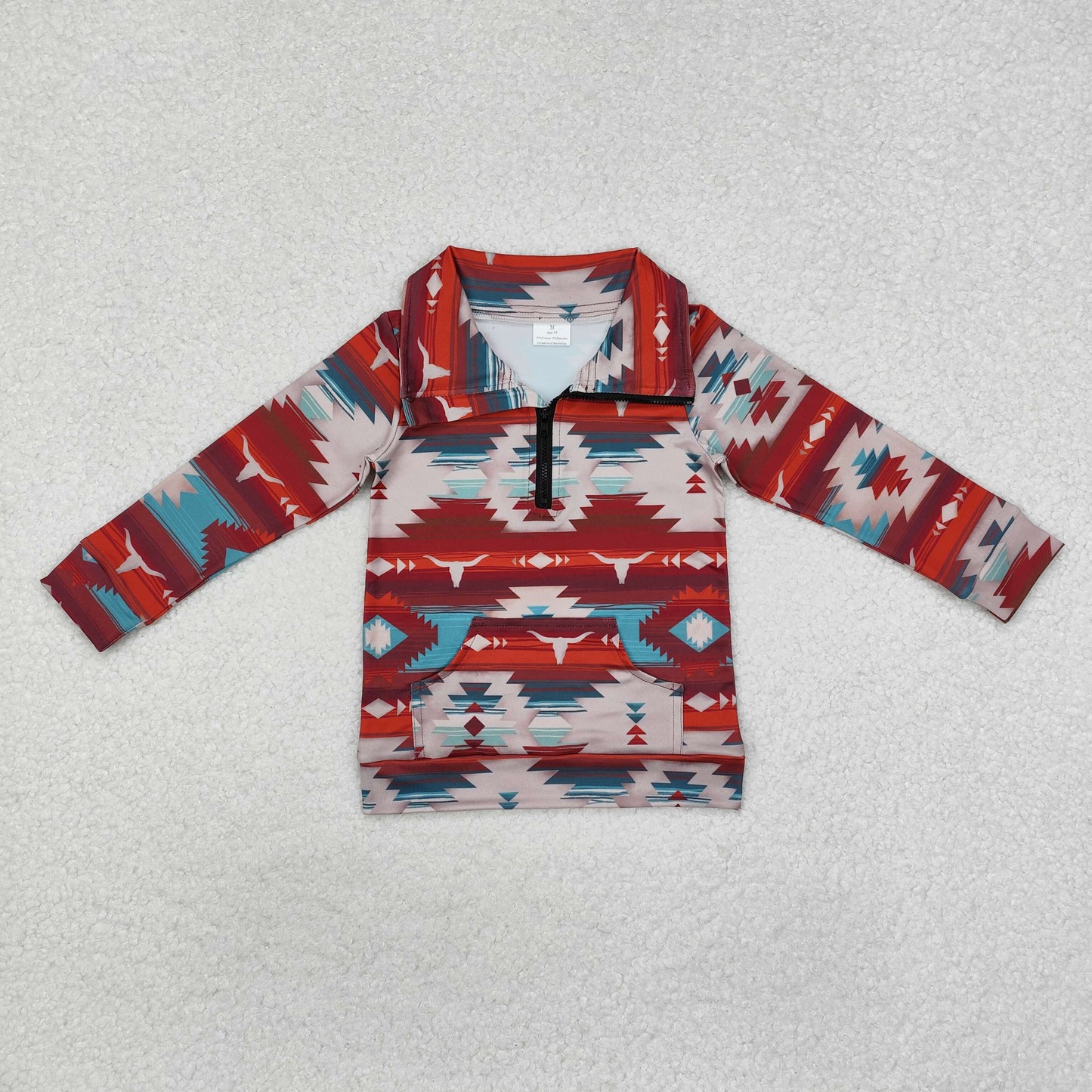 BT1065 Western Aztec cow pocket zipper long sleeve boys pullover