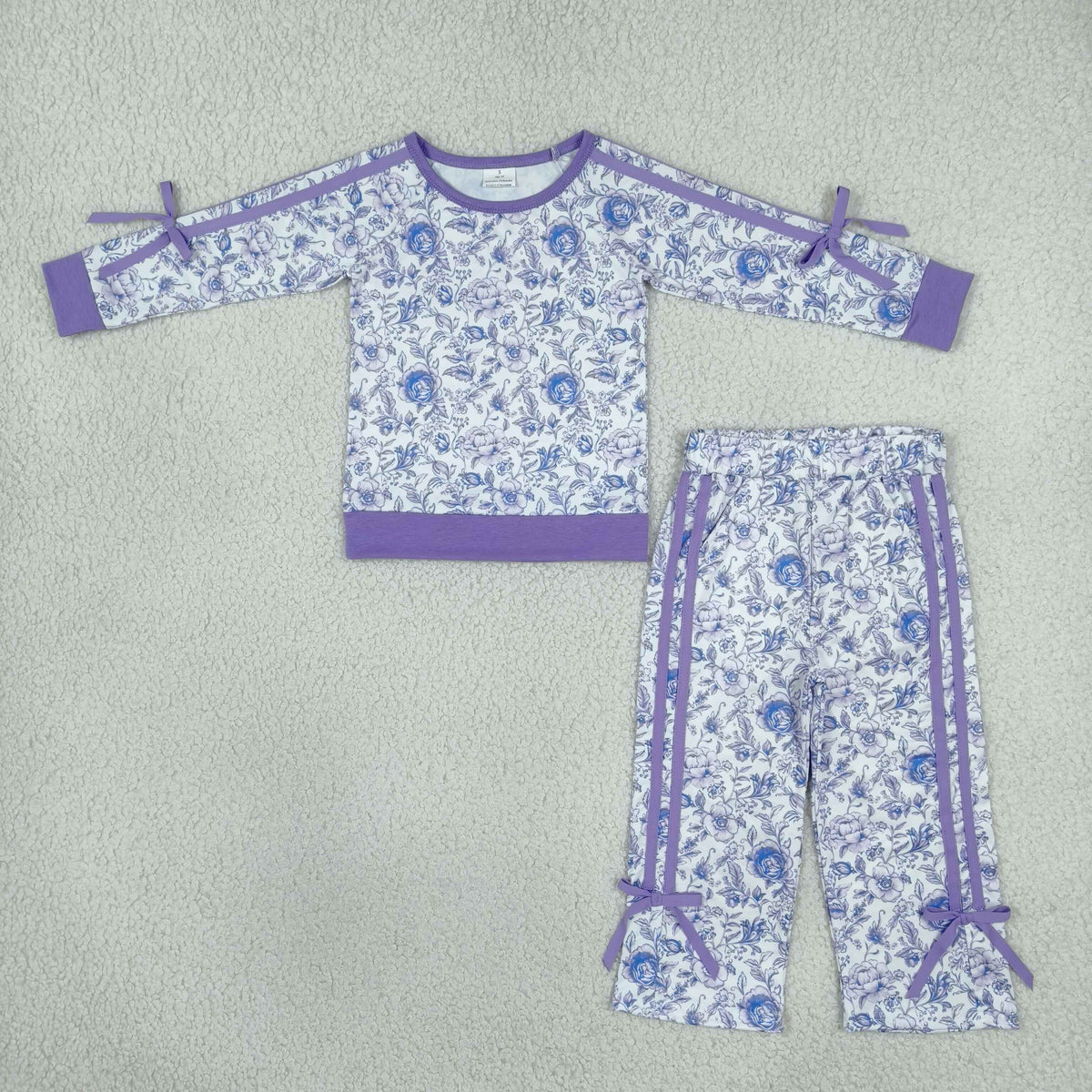 GLP3365 Purple Flowers Bows Long Sleeve Pants Girls Set