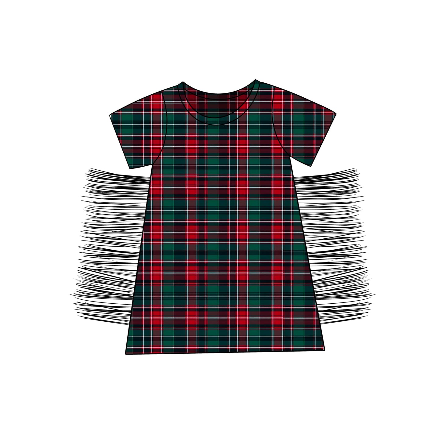 custom style Christmas green red checkered short sleeve tassels girls dress
