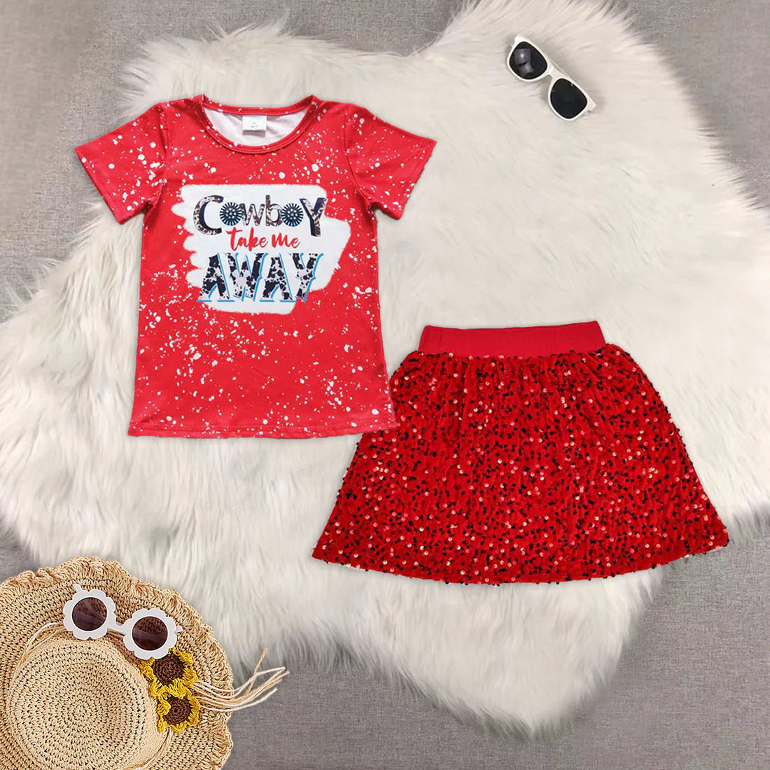 Western cowboy red short sleeve red sequin skirt girls set GT0105+GLK0027