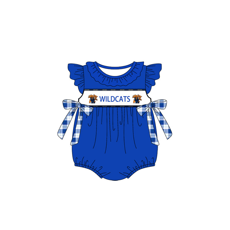 Custom Moq 3 Football Team Wild Cats Blue Flutter Sleeve Bows Girls Romper