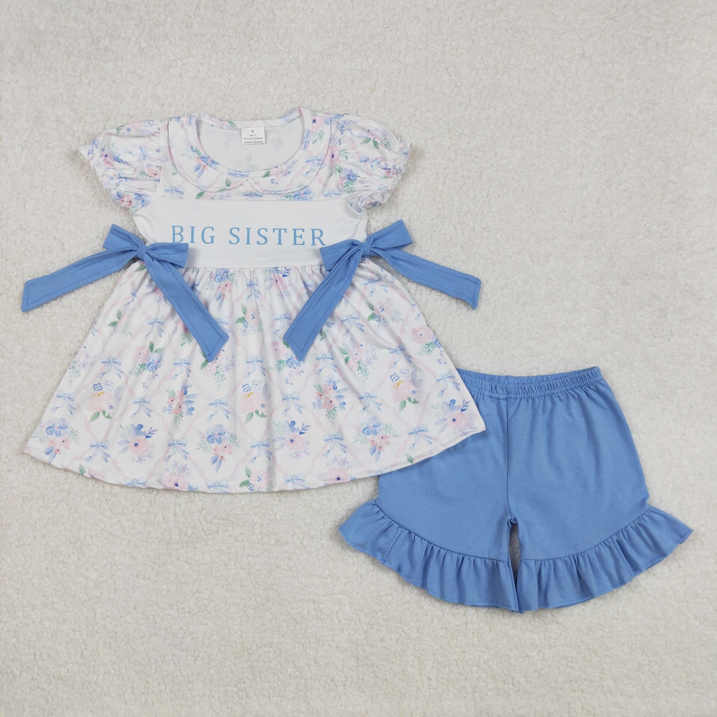 GSSO1875 big sister blue flowers bows short sleeve blue shorts girls set
