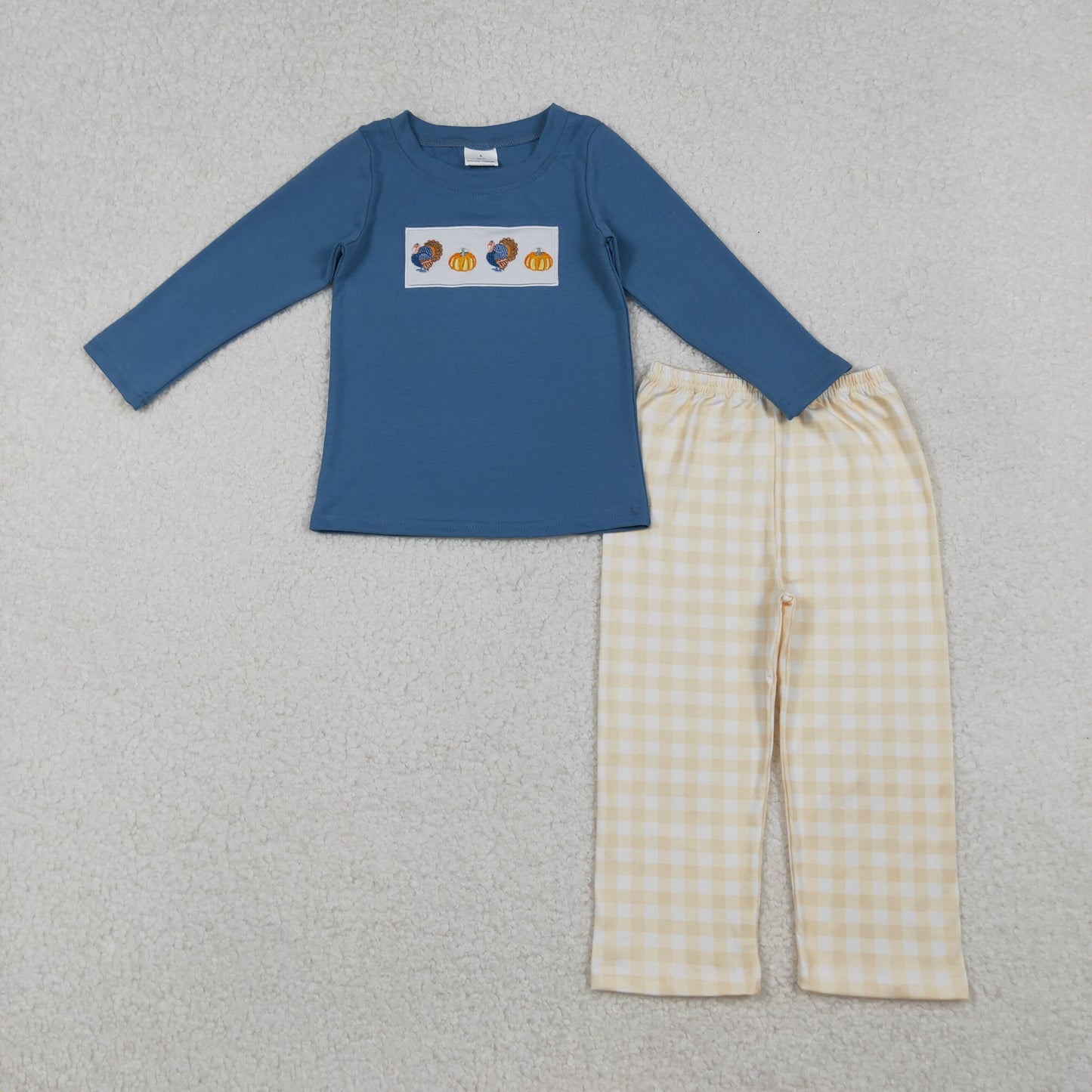 embroidery BLP1176 Thanksgiving turkey pumpkin blue long sleeve orange checkered pants boys set